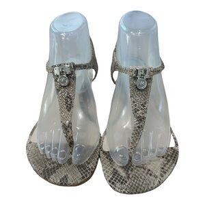 Michael Kors Hamilton Metallic Silver Snakeskin T-Strap Thong Sandals 7.5